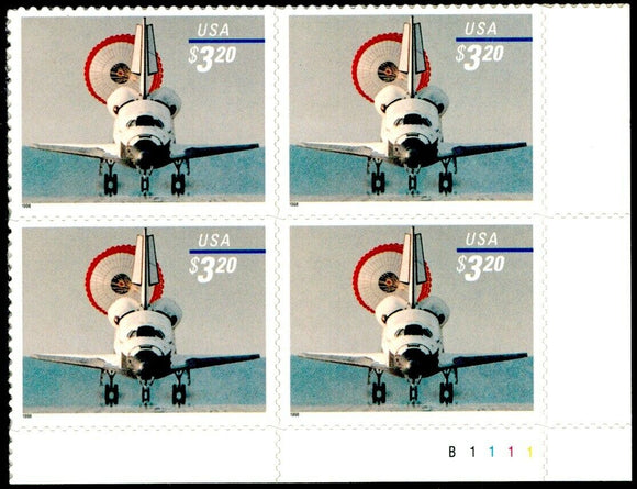 1998 Space Shuttle Landing Plate Block of 4 $3.20 Postage Stamps - MNH, OG - Sc# 3261