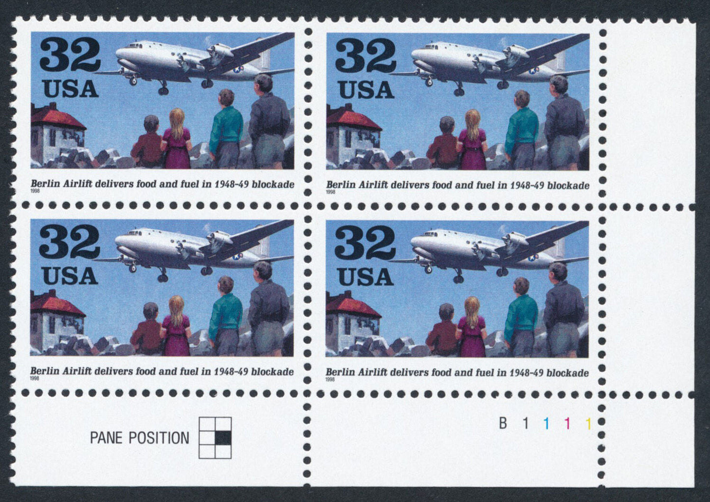 1998 Berlin Airlift Plate Block Of 4 32c USA Postage Stamps - MNH, OG - Scott 3211 - CW382a