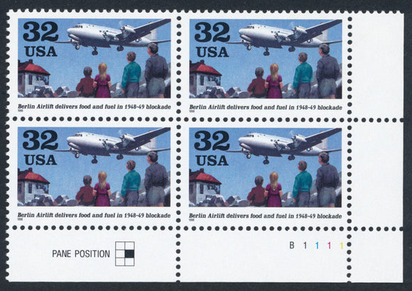 1998 Berlin Airlift Plate Block Of 4 32c USA Postage Stamps - MNH, OG - Sc# 3211 - CW382a