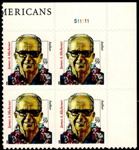 2008 James A. Michener Plate Block of 4 59c Postage Stamps - MNH, OG - Scott 3427A