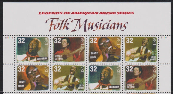 1998 Folk Musicians Block Of 8 32c Postage Stamps With Header - Sc# 3212-3215 - MNH, OG - CW317b