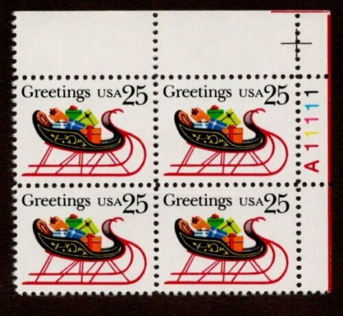 1989 Christmas Sleigh Plate Block Of 4 25c Postage Stamps Scott 2428 - MNH, OG - CX883