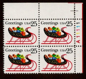 1989 Christmas Sleigh Plate Block Of 4 25c Postage Stamps - Sc 2428 - MNH, OG - CX883