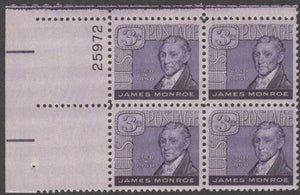 1958 President James Monroe Plate Block of 4 3c Postage Stamps - MNH, OG - Sc# 1105