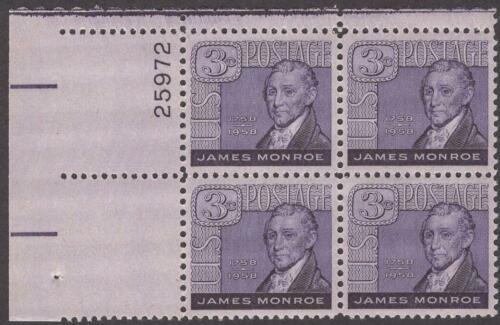 1958 President James Monroe Plate Block of 4 3c Postage Stamps - MNH, OG - Sc# 1105