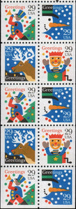 1993 Christmas Booklet Pane of 10 29c Postage Stamps - MNH, OG - Sc# 2795-2798