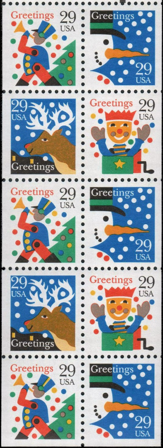 1993 Christmas Booklet Pane of 10 29c Postage Stamps - MNH, OG - Sc# 2795-2798