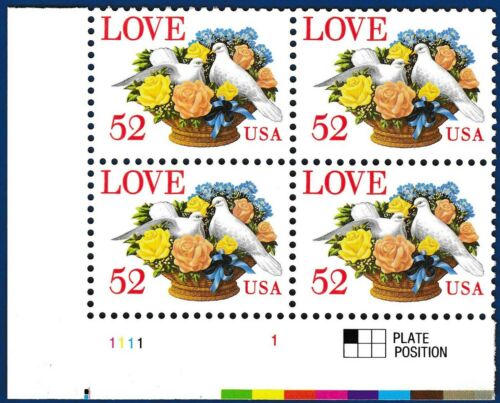1994 Love Birds Doves Stamp Plate Block of 4 52c Postage Stamps - MNH, OG - Scott 2815