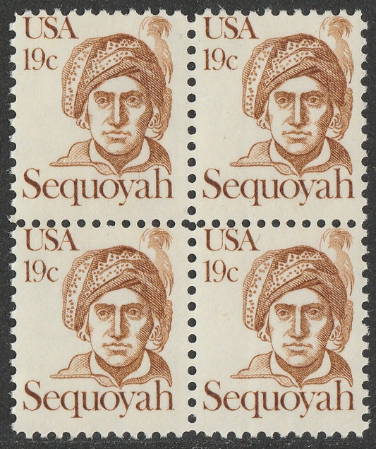 1980 Sequoyah Block of 4 19c Postage Stamps - MNH, OG - Scott 1859