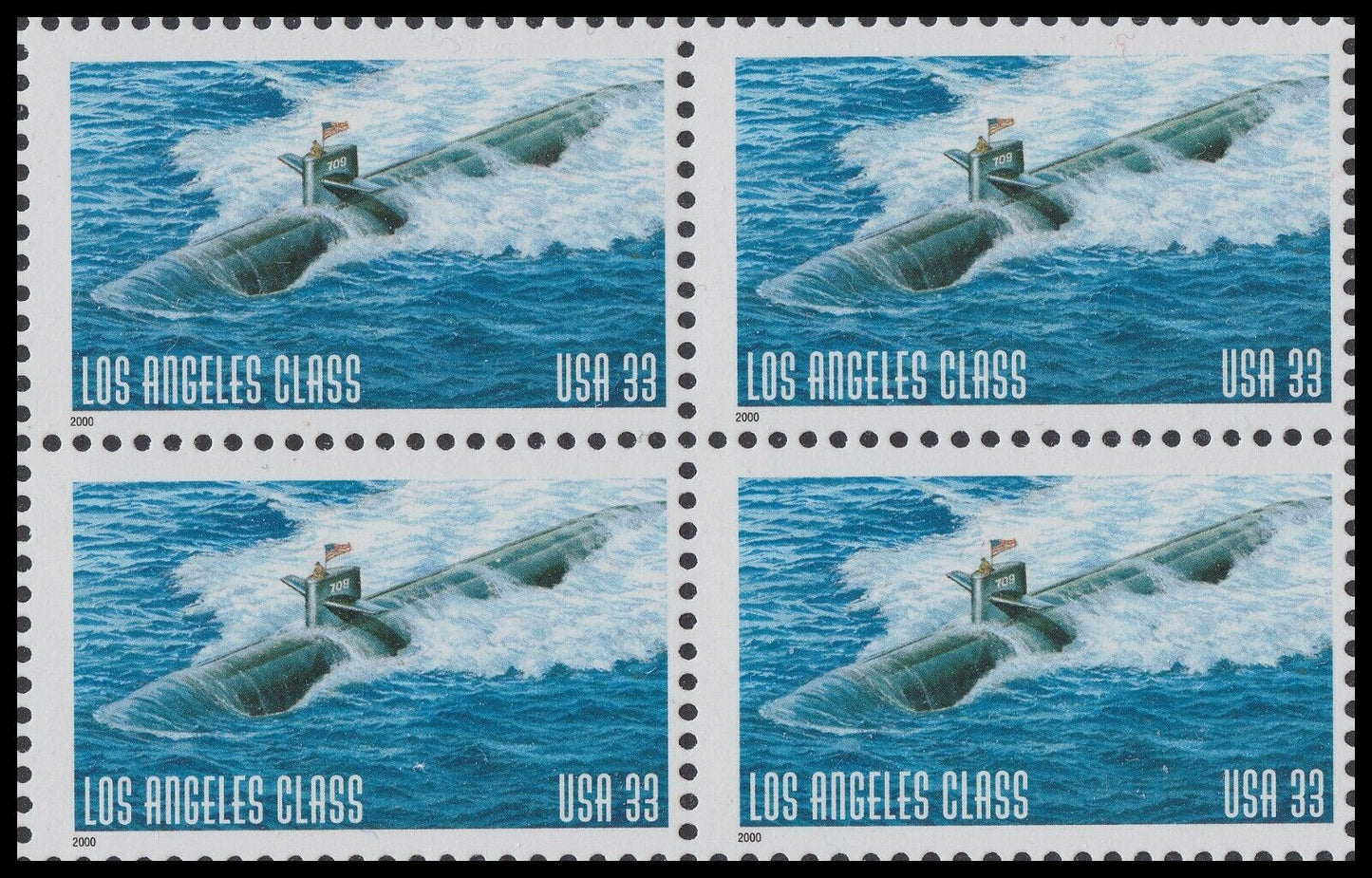 2000 Los Angeles Class Attack Submarine Block of 4 33c Postage Stamps - MNH, OG - Scott 3372