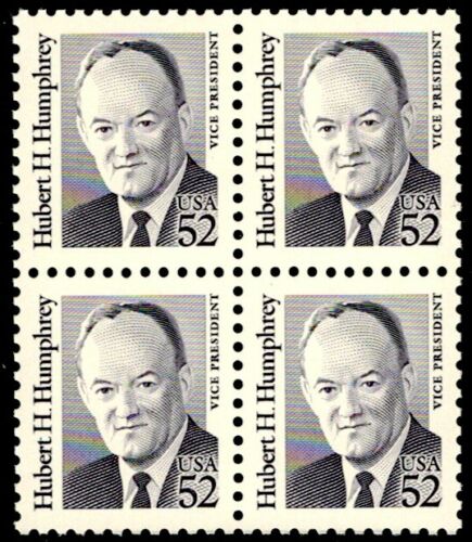 1991 Hubert Humphrey Block of 4 52c Postage Stamps - MNH, OG - Scott 2189