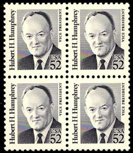 1991 Hubert Humphrey Block of 4 52c Postage Stamps - MNH, OG - Sc# 2189