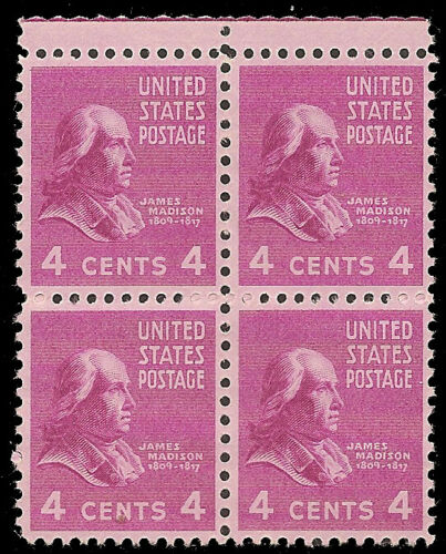 1938 President James Madison Block of 4 4c Postage Stamps -  Scott 808 - MNH,OG