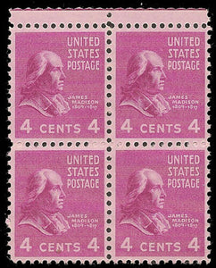 1938 President James Madison Block of 4 4c Postage Stamps -  Sc# 808 - MNH,OG