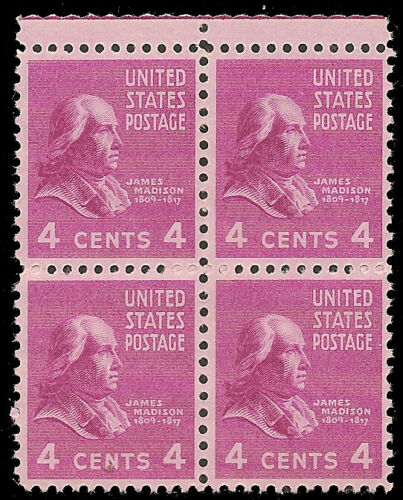1938 President James Madison Block of 4 4c Postage Stamps -  Sc# 808 - MNH,OG