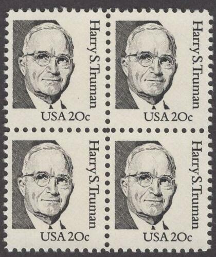 1984 Harry S Truman Block of 4 20c Postage Stamps - MNH, OG - Scott 1862