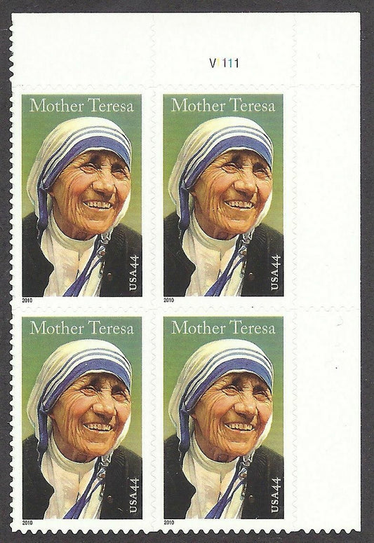 2010 Mother Teresa Plate Block of 4 USA 44c Postage Stamps - Scott 4475 - DR153