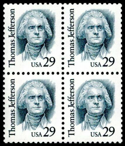 1993 Thomas Jefferson Block of 4 29c Postage Stamps - MNH, OG - Scott 2185