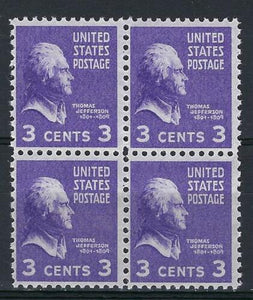 1938 President Thomas Jefferson Block of 4 3c Postage Stamps -  Sc# 807 - MNH,OG