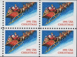 1991 Christmas Santa Booklet Pane Block of 4 29c Postage Stamps - MNH, OG - Sc# 2585