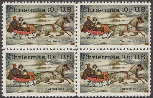 1974 Currier & Ives Christmas The Road Winter Blk Of 4 10c Postage Stamps Scott 1551 - MNH - CW423b