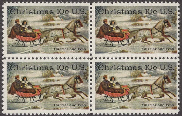 1974 Currier & Ives Christmas The Road Winter Blk Of 4 10c Postage Stamps - Sc 1551 - MNH - CW423b