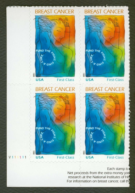 1998 Cure Breast Cancer Plate Block Of 4 32c+8c Postage Stamps - Scott B1 - MNH, OG - CX6