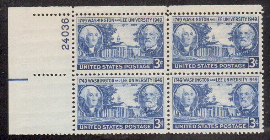 1949 Washington & Lee University Plate Block of 4 3c Postage Stamps - MNH, OG - Scott 982