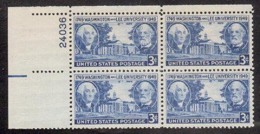 1949 Washington & Lee University Plate Block of 4 3c Postage Stamps - MNH, OG - Scott 982