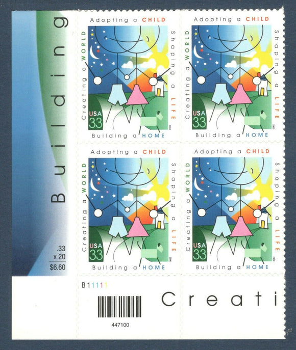 2000 Adopting a Child Plate Block of 4 33c Postage Stamps - Scott# 3398 - MNH, OG - DC129