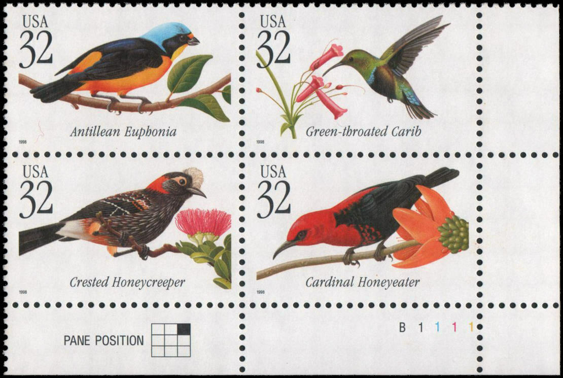1998 Tropical Birds Plate Block of 4 32c Postage Stamps - MNH, OG - Scott 3225