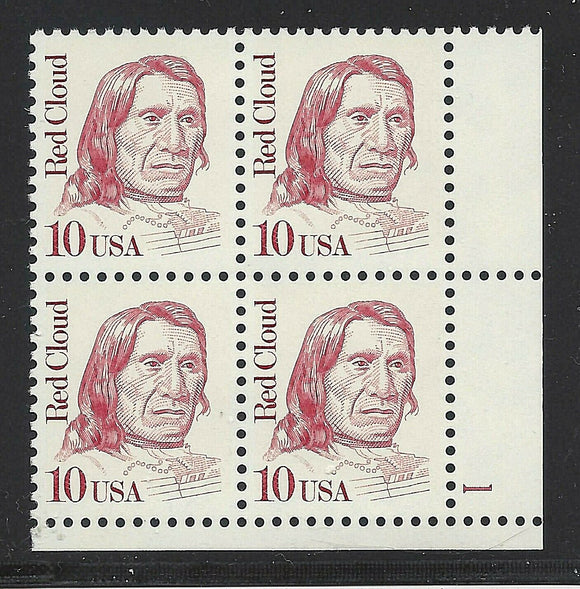 1987 Red Cloud Native American Plate Block of 4 10c Postage Stamps - MNH, OG - Sc# 2175 - CY1111b