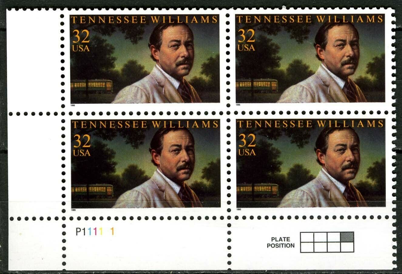 1995 Tennessee Williams Plate Block Of 3 32c Postage Stamps - Scott 3002 - MNH, OG - CWA11