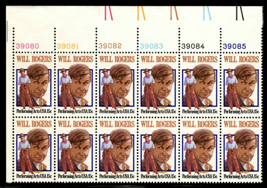 1979 Will Rogers Plate Block Of 12 15c Postage Stamps - Scott 1801 - MNH, OG - CW17b