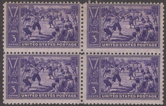 1939 Centennial Of Baseball Block of 4 3c Postage Stamps - MNH, OG - Scott 855