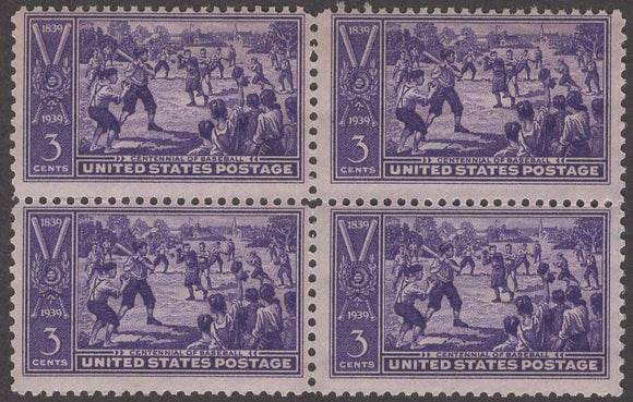 1939 Centennial Of Baseball Block of 4 3c Postage Stamps - MNH, OG - Sc# 855