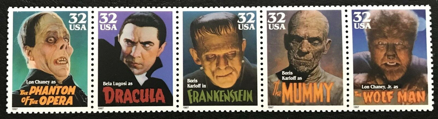 1997 Movie Monsters Strip Of 5 32c Postage Stamps Scott 3168-3172 - MNH -DS101