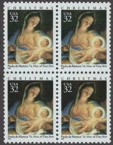 1996 Christmas Madonna by de Matteis Block of 4 32c Postage Stamps - MNH, OG - Sc# 3107