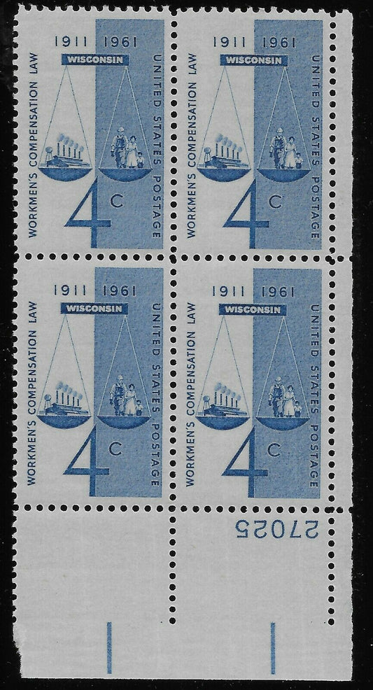 1961 Workmen's Compensation Law Plate Block Of 4 4c Postage Stamps - Scott 1186 - MNH, OG - CX592
