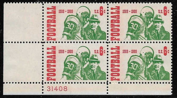 1969 Football Centennial Plate Block Of 4 6c Postage Stamps - MNH, OG - Sc# 1382 - CX293
