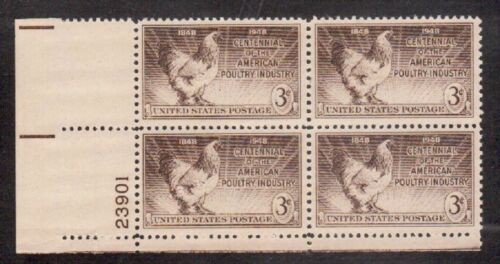 1948 Poultry Industry Chicken Plate Block of 4 3c Postage Stamps - Scott 968 - MNH, OG - CX503