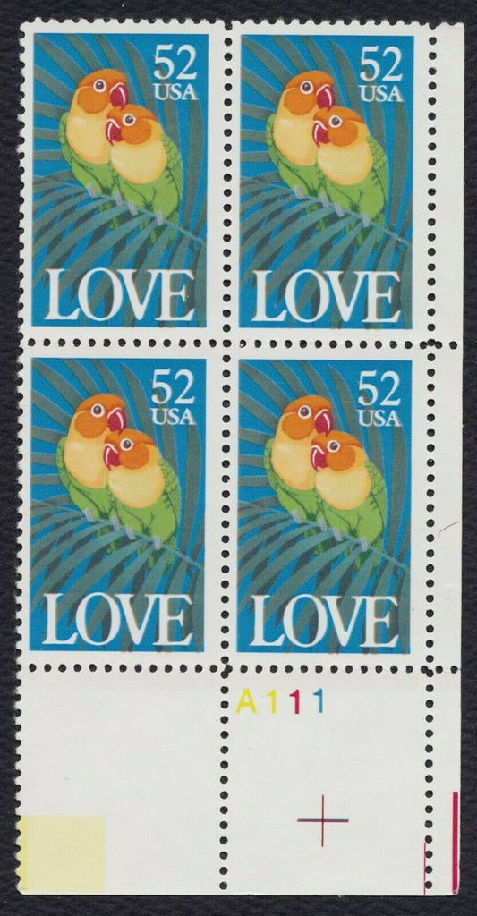 1991 Love Birds Plate Block Of 4 52c Postage Stamps Scott 2537 - MNH - CW410a