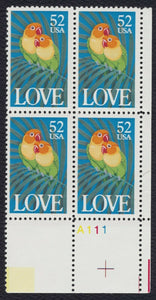 1991 Love Birds Plate Block Of 4 52c Postage Stamps - Sc 2537 - MNH - CW410a