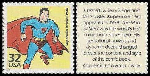 1998 Superman Arrives Single 32c Postage Stamp - MNH, OG - Sc# 3185f