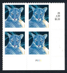 2007 Florida Panther Plate Block Of 4 26c Postage Stamps - Sc# 4139 - MNH, OG - DC101