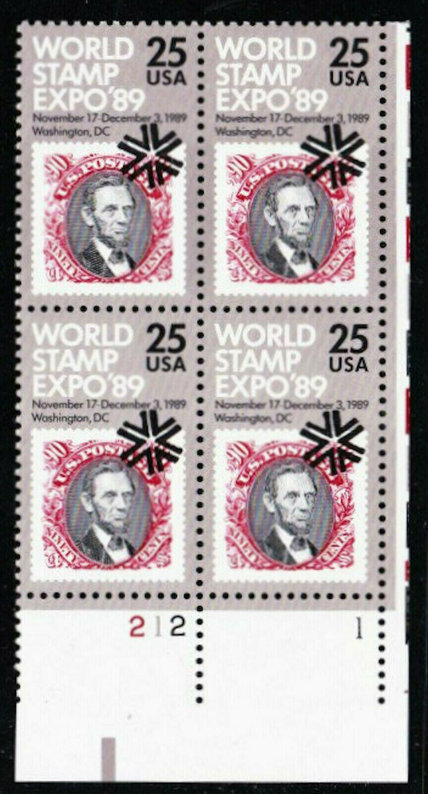1989 World Stamp Expo 89 Plate Block of 4 25c Postage Stamps - MNH, OG - Scott 2410