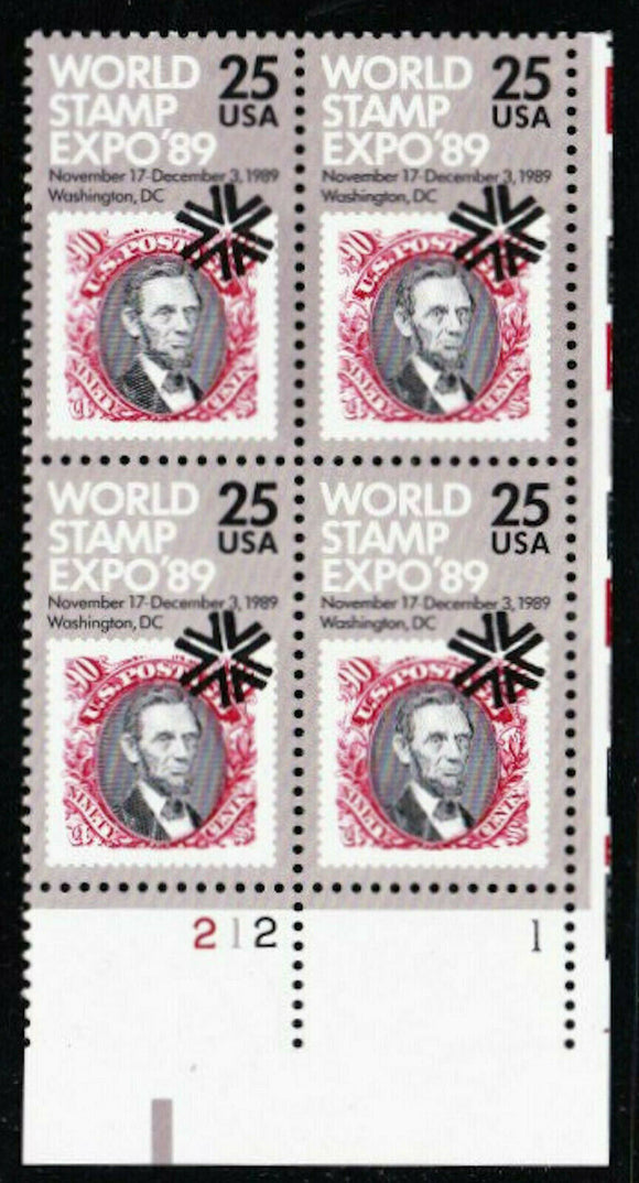 1989 World Stamp Expo 89 Plate Block of 4 25c Postage Stamps - MNH, OG - Sc# 2410