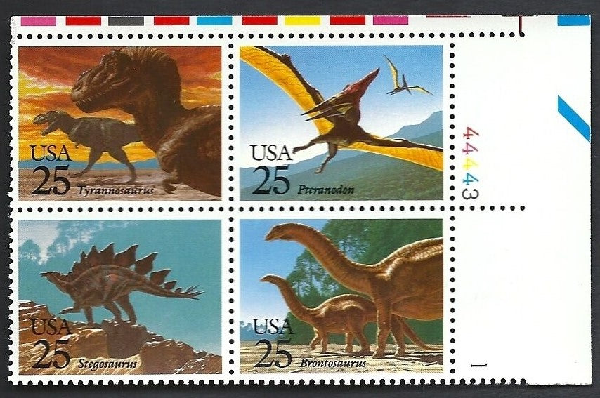 1989 Dinosaurs Prehistoric Animals Plate Block Of 4 25c Postage Stamps Scott 2422-2425 - CW223a