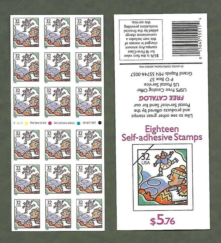 1996 Christmas Holiday Skating ATM Booklet Pane Of 18 32c Postage Stamps Scott 3117a - MNH - DG103