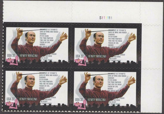 2004 Henry Mancini Plate Block of 4 37c Postage Stamps - MNH, OG - Scott 3839